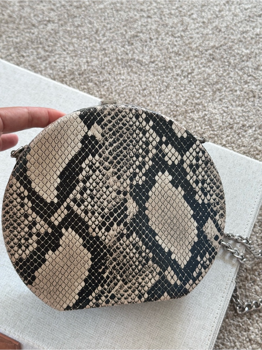 Round Snake Print Crossbody Bag - Beige & Black